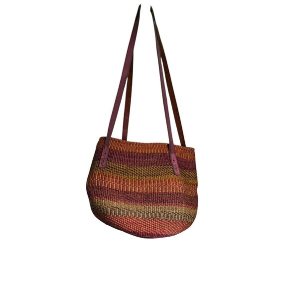 Vintage Woven Sisal Market Basket Tote Bag Leather Drawstring Closure Raffia - Picture 2 of 16